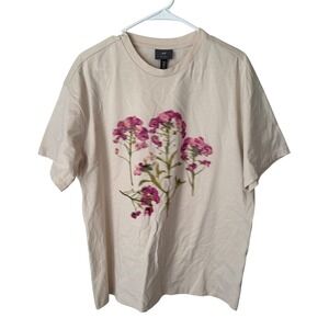 H&M Relaxed Fit Cream Graphic T-Shirt Purple Floral Botanical Print Mens Medium